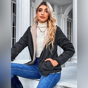 EMERY ROSE Tan Color Teddy Lined Black Hooded Water proof Hooded Jacket 🧥🧸